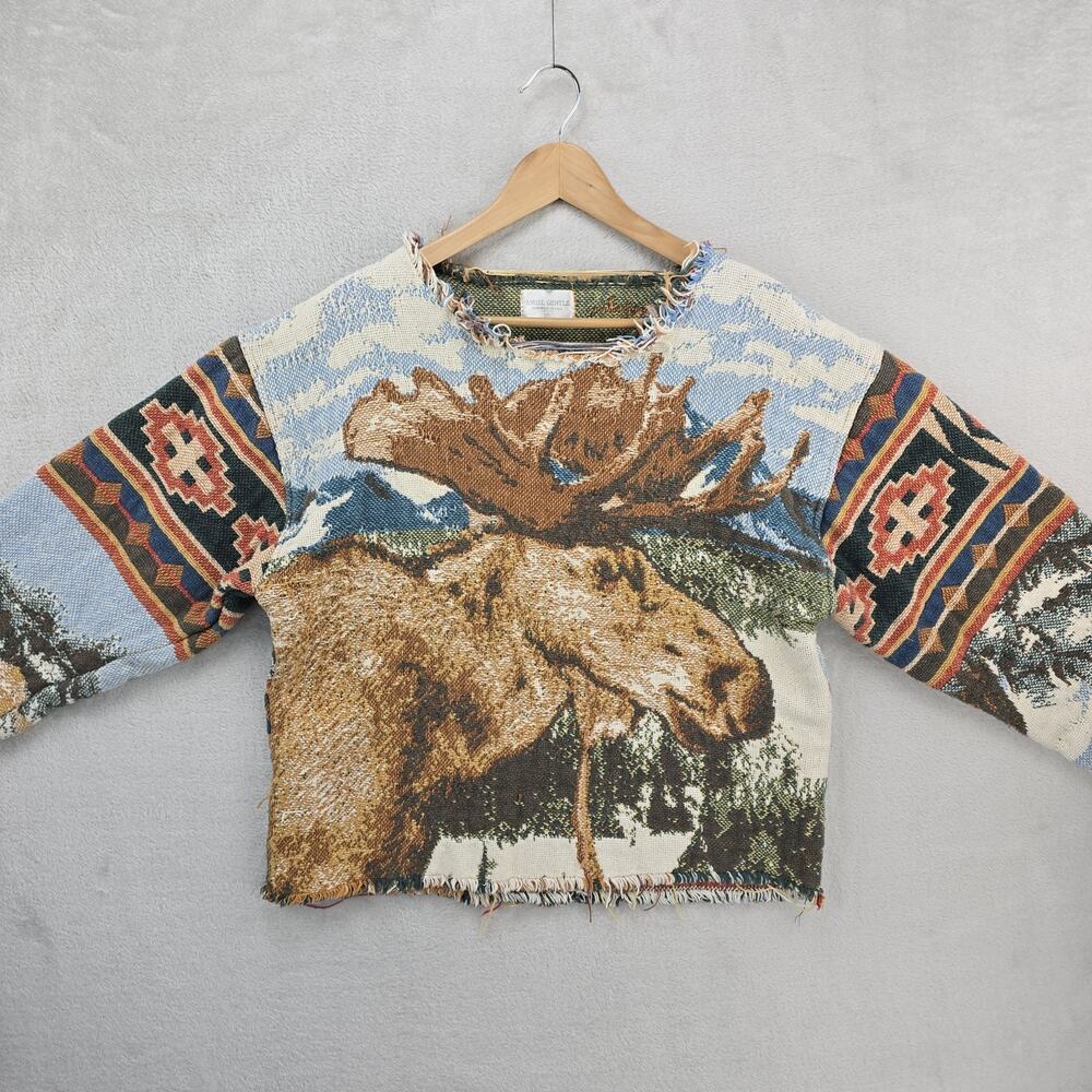 Angel Gentle Tapestry Knit Sweatshirt Mens Sz 10 Medium 21x23 Moose Aztec USA - Picture 2 of 8